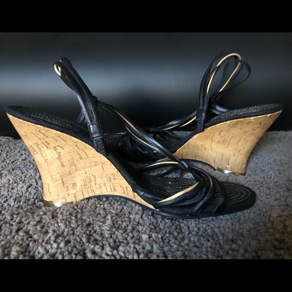 Enzo Angiolini Strappy Black Wedges Sandals SZ 9